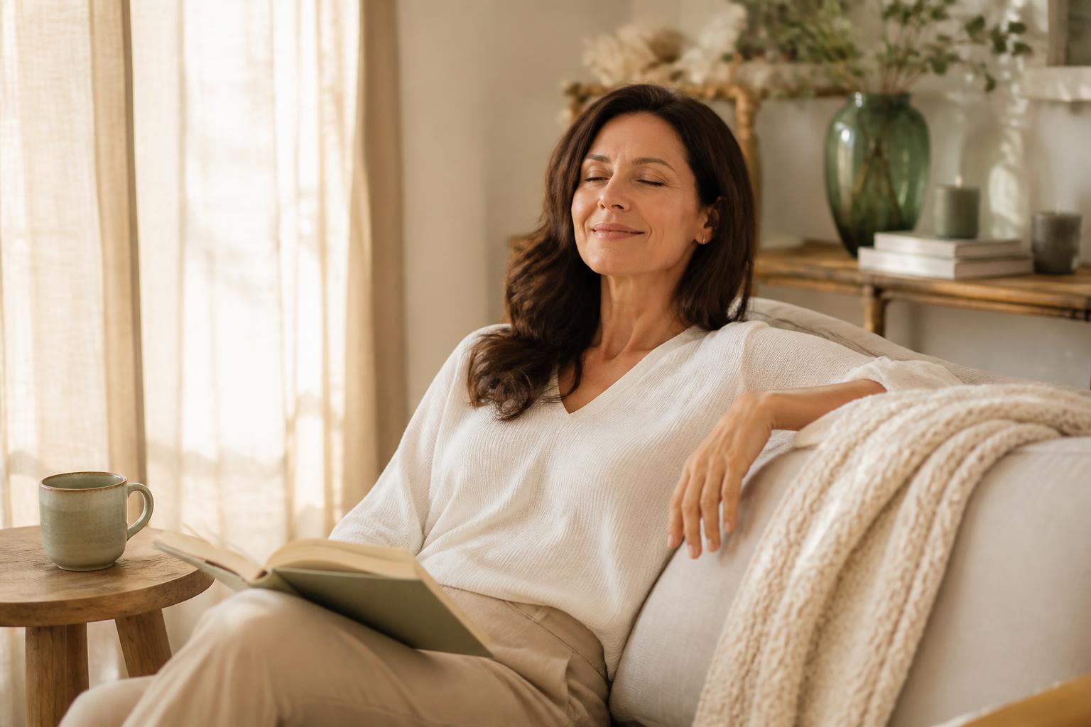 A woman resting peacefully with a book in a warm, sunlit living room